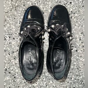 Chanel Black Patent Leather Faux-Pearl Oxfords